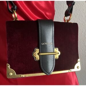 LA FESTIN Burgundy Velvet Crossbody Purse Gold Hardware Black Leather Strap